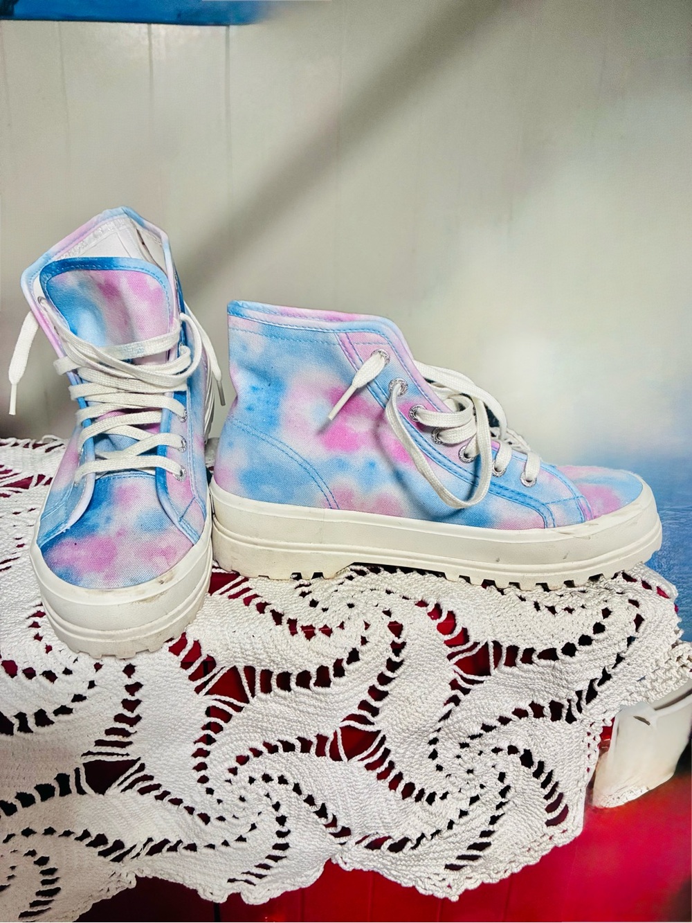 Superga High Top Platform Tie Dye Pink and Blue Sneakers.
